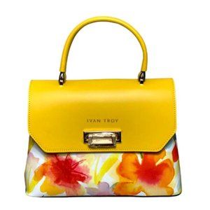 Ivan Troy Women's Ann Yellow Floral Print Italian Leather Strap Shoulder Handbag